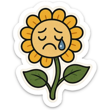 Make the sad flower have a teardrop in the style of cartoonish stickers sticker