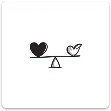 A simple scale balancing a feather and a heart, representing emotional balance and lightness. Hand-drawn doodle style. sticker