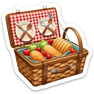 Picnic basket with red checkered cloth and filled with delicacies sticker
