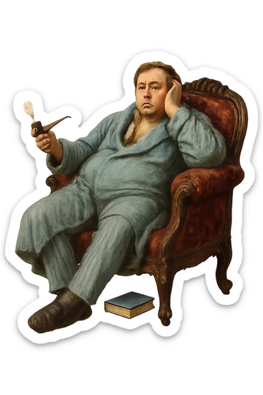 Герой Обломова в слегка рисованном, но при этом реалистичном и объемный стиле, со слегка растерянным видом развалился на дорогой кушетке 19 века, прозрачный фон sticker