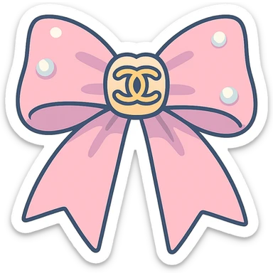 elegant bow with pearls and gold Chanel logo, glossy, pastel colors sticker