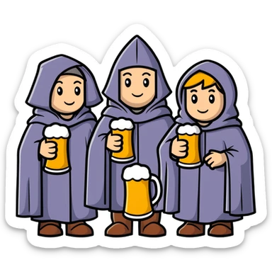 group of medieval pilgrims with cloaks and beer bottles sticker