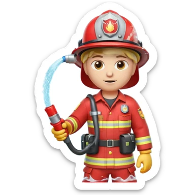 A 3D Apple-style emoji character dressed as a firefighter in a bright red uniform and helmet, holding a fire hose spraying water forward, determined expression with cartoonish eyes, water splashing effect, clean minimal background sticker