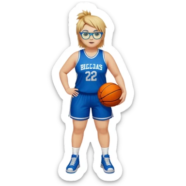 Full Body white plus size Girl with basketball spikey short brown and blonde hair  wearing blue glasses with green eyes wearing basketball uniform sticker