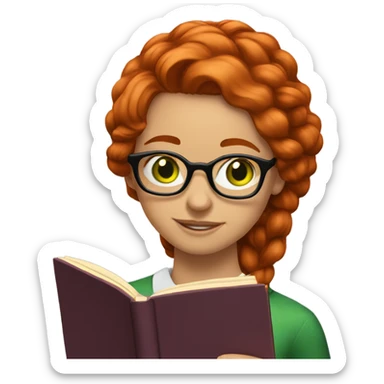 Nerd emoji of a Girl with red hair and green eyes with glasses reading a book sticker