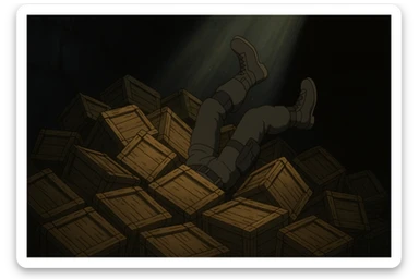 A pile of small oblong crates hidden in a dark area with a beam of light shining from above, with someone’s boots sticking out like they dove in, tactical gear clothing  sticker