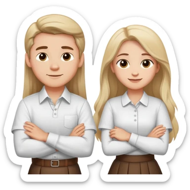A boy in a white shirt and a girl with long hair in a skirt crossed their arms over their chests - with happy faces sticker