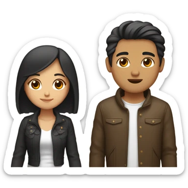 a couple holding hands. the guy has black middle part hair and is Persian and Filipino mix, wearing a jacket. the girl has brown medium length hair white and asian mix, wearing a crop top. sticker