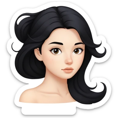 young woman with acne on face, flowing black hair and subtle makeup sticker
