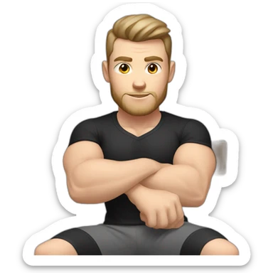 Pale skinned Fit Man With the biceps and dark brown hair in black shirt, gray sports shorts and white Sneakers Sitting on a chair sticker