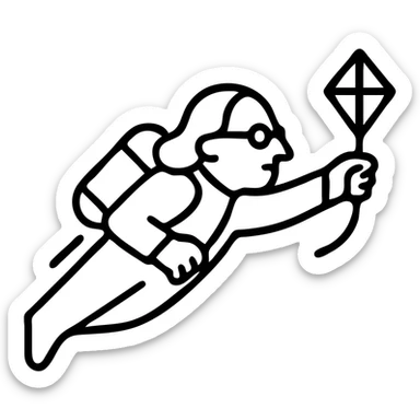 minimalist black outline icon of Ben Franklin flying with a jetpack, left hand holding a small diamond kite, right arm stretched forward as if soaring through the air, startup-vibe logo sticker