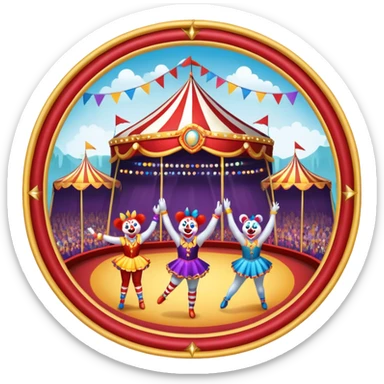 Icon for Circus Arts: a grand vibrant round circus arena with girls acrobats, a clown, and performing bears. The icon should capture the excitement and energy of the circus, with colorful costumes and a lively atmosphere. Transparent background. sticker