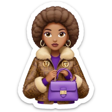 Beautiful black woman wearing a brown monogram Fendi jacket with a fur trim. She is carrying a purple Fendi Mini Peekaboo Bag. I want the image to start at her head and end at the chest sticker