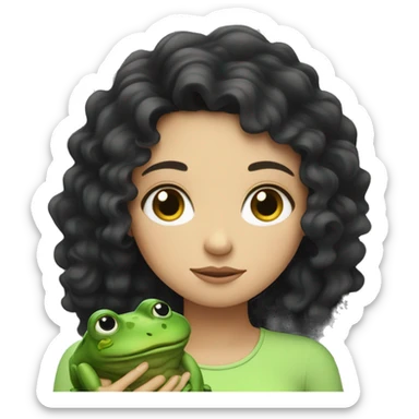 a white girl with curly black hair looking very sleepy and hugging a frog sticker