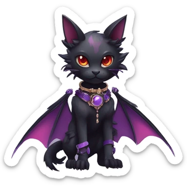 cool kawaii edgy evil black purple red ethereal fantasy beautiful elegant nargacuga-bat-cat-Fakemon wearing legs spats a collar harness with jewelries full body sticker