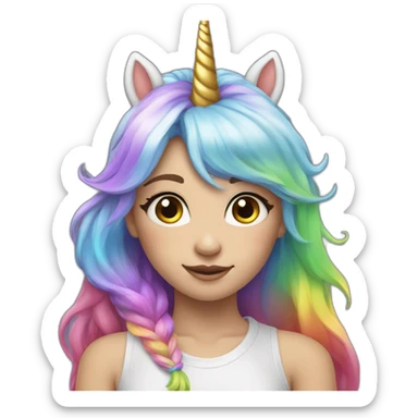 Girl with one unicorn horn on the forehead, and rainbow gair sticker