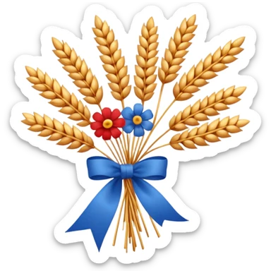Create a clean, friendly emoji-style illustration of a Didukh, the traditional Ukrainian Christmas sheaf made of golden wheat.
The Didukh should look warm and festive, with neatly tied wheat stalks, a simple red-and-blue ribbon, and small decorative dried flowers.

 sticker