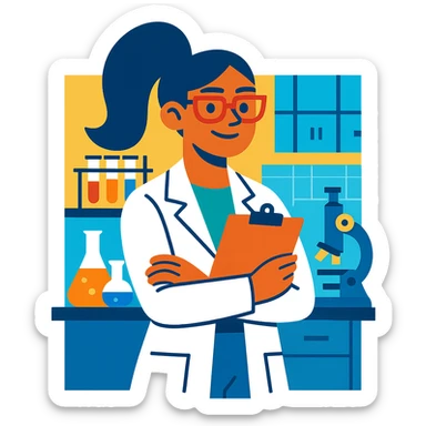 female scientist holding a clipboard, confident pose, modern lab background sticker