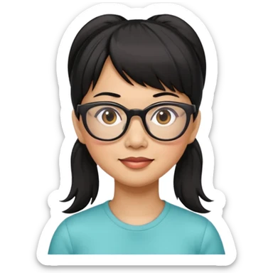 filipino woman black hair in pony tail with straight bangs and big glasses 50 yr old sticker