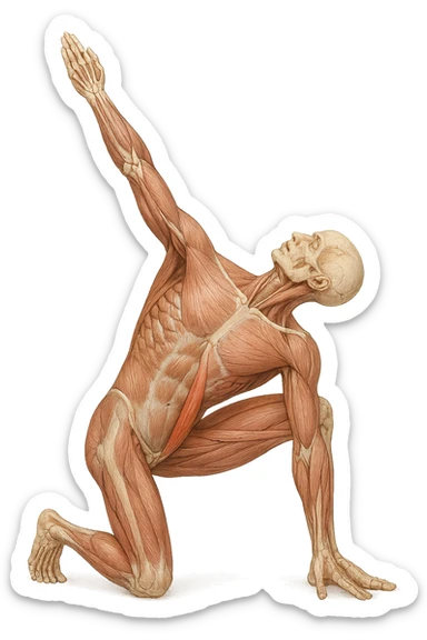 corpo umano anatomico realistico che fa stretching allungando il muscolo PSOAS, isolato su sfondo bianco sticker