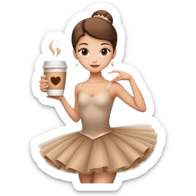 Elegant ballerina in a cappuccino-colored tutu, posing gracefully with a coffee cup sticker