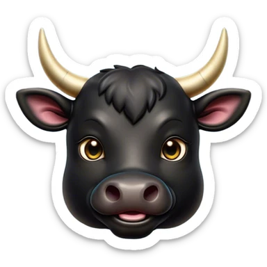 Cinematic Cute Black Bull Portrait Emoji, Head tilted playfully and inquisitively, featuring a glossy, robust black hide with a striking sheen, round, sparkling dark eyes filled with gentle curiosity, Simplified yet irresistibly adorable features, highly detailed, glowing with a warm, friendly glow, high shine, affectionate and imposing, stylized with a touch of rugged charm, bright and endearing, soft glowing outline, capturing the essence of a mischievous yet loving bull, so playful it feels like it could stomp out of the screen and into your arms! sticker