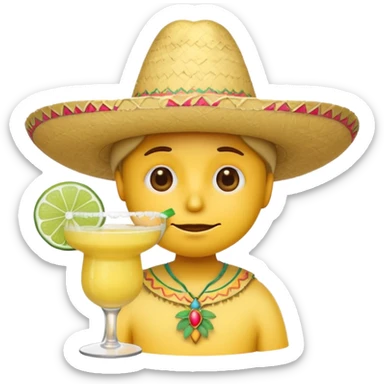 Sad yellow emoji wearing sombrero drinking margarita sticker