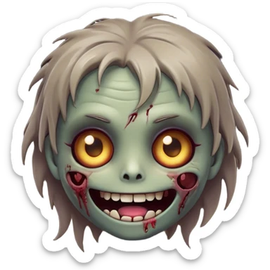 Cinematic Cute Zombie Portrait Emoji, with a delightfully quirky, slightly disheveled face in muted ashen hues, featuring quirky bright eyes and a playful, stitched-together smile, simplified yet irresistibly charming, highly detailed with a soft glowing outline that captures the adorable, offbeat spirit of a zombie who’s more cute than creepy! sticker