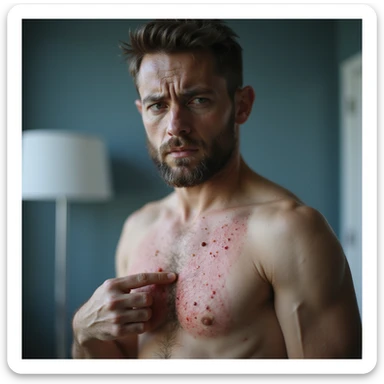 realistic man with inflamed rash on torso, gently examining the area with worried expression, soft lighting, clinical background, medical realism, dermatology focus, 4K sticker