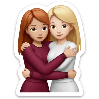 two girls who hug eachother. one has auburn hair with blonde highlights and very pale skin , other has medium-fair skin and blonde hair. girl with auburn or dark blonde hair is wearing a white outfit and girl with blonde hair is wearing a burgundy outfit sticker