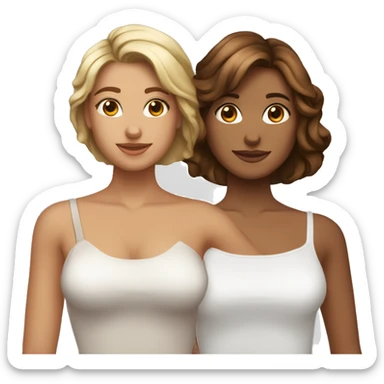 dos chicas abrazadas entre sí y con la otra mano levantada. Una chica tiene el pelo por los hombros, de color marrón y la otra chica tiene la piel blanca y el pelo castaño, liso y largo sticker