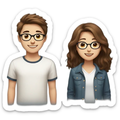 girl with half long brown hair with a boy with short brown hair and glasses with a happy samoyed sticker