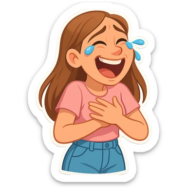 3D cartoon sticker, DreamWorks style of a 30-year-old woman with long light brown hair below shoulder blades, fair skin, large expressive blue eyes, slight bump on nose, wearing a pastel pink t-shirt and light blue mom jeans, laughing to tears, soft light, white sticker outline sticker