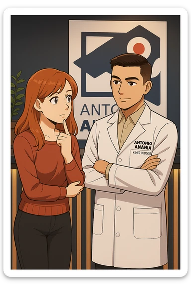 su questo stile fai un manga/webtoon a colori in cui una donna SI TOCCA IL MENTO MENTRE FA UNA DOMANDA ALL'UOMO, l'uomo della foto in stile manga LE SPIEGA CHE DEVE PROVARE LA SUA VALUTAZIONE MEDICA, mantieni un ambiente simile alla foto che ho allegato con il suo logo (sarebbe il suo studio, lui è un kinesiologo), scrivigli "ANTONIO ANANIA" sul camice bianco, non mettere fumetti, ma fai in modo che sembri che la donna CHIEDA E  l'uomo RISPONDA sticker