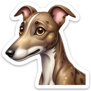 Cinematic Cute Brindle Greyhound Portrait Emoji, Head tilted playfully and inquisitively, featuring a sleek brindle Fur with subtle variations and round, sparkling eyes filled with curiosity, Simplified yet irresistibly adorable features, highly detailed, glowing with a warm, friendly glow, high shine, affectionate and nimble, stylized with a touch of whimsy, bright and endearing, soft glowing outline, capturing the essence of a mischievous yet loving companion, so playful it feels like it could sprint out of the screen and into your arms! sticker