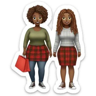 Curvy woman gray locs shopping ,  other curvy woman is brown with red locs in a skirt with plaid sweater shopping sticker