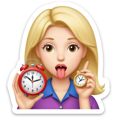 A girl with her tongue out holding a clock  sticker