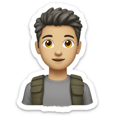 Teenager with gray sneakers, black cargo pants, gray T-shirt, medium length hairstyle, brunette color, light skin sticker