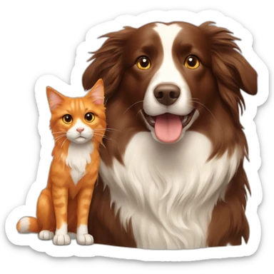 brown border collie dog and longhaired orange cat sticker
