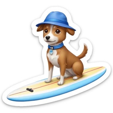 Dog on a surfboard with a blue hat sticker