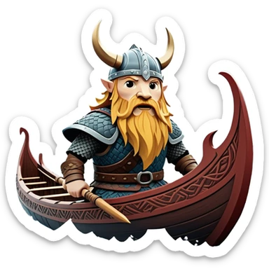clash-of-clans-aesthetic_-cinematic-viking-longboat, rendered in a flat, bold vector style with minimal shading, featuring a striking dragon-headed prow slicing through icy, churning waters. shields on the side and vikings rowing The longboat’s intricately detailed shields and carved motifs evoke a sense of epic adventure and Nordic might, with billowing sails catching a dramatic, stormy sky backdrop. sticker
