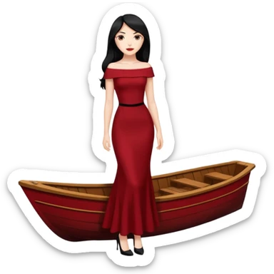 Chica blanca ,ojos marrones, vestido granate muy largo sexy escote tipo barco,  cuerpo entero pelo negro y largo zapatos negros tacon sticker