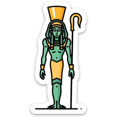 Egyptian god Osiris with green skin, Atef crown, mummified body, holding crook and flail sticker