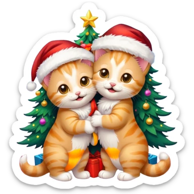 2 hazel eyed cute hugging laughing fluffy gold twin kittens with Santa hats by a colorful multicolored brightly lit up Christmas trees sticker