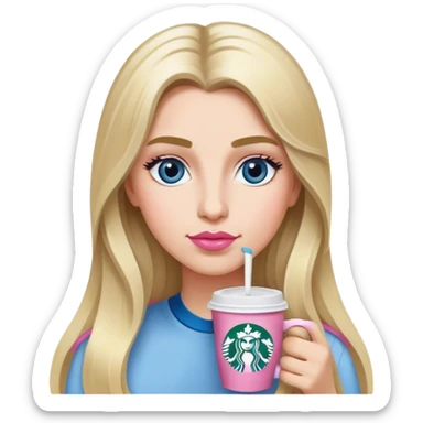 Long blonde grey highlighted with blue gray eyes sipping one Starbucks coffee. She has bushy eyebrows and pink lips  sticker