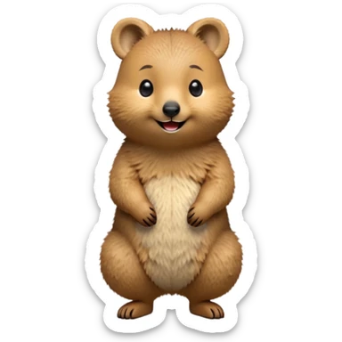 cinematic-quokka-realistic-full-body-standing-emoji,-small-round-frame-balanced-on-tiny-strong-hind-legs,giant fluffy cheeks large smile-fluffy-brown-fur-radiating-a-warm-softness,-big-round-eyes-filled-with-joy-and-innocence,-tiny-clawed-paws-held-close-to-chest,-cheerful-smile-exuding-endearing-happiness,-simplified-yet-realistic-focused-features,-highly-detailed,-glowing-with-a-sunny-warmth sticker