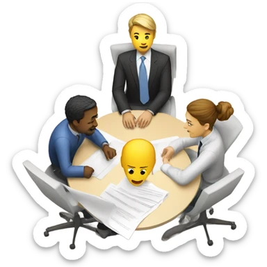 An emoji showing 3 people (2 males, 1 female) sitting at a round table with a laptop and papers, discussing about AI in a collaborative and professional way. sticker