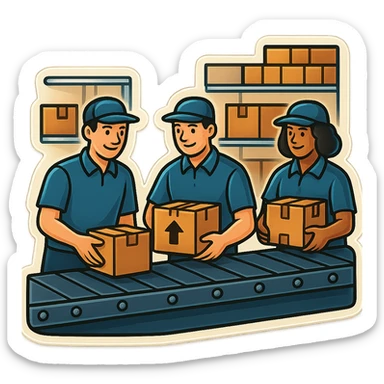 Картинка конвейерной ленты, по ней едут коробки, люди сортируют коробки в разные стороны, не обрезай края обводки sticker