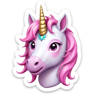 Cinematic Comical Unicorn Pony Portrait Emoji, Head tilted dramatically with an exaggeratedly amused expression, featuring a compact, magically adorned form with a sparkling tiny horn, wide, comically expressive eyes full of playful disbelief, and a subtly animated mane, Simplified yet hilariously expressive features, highly detailed, glowing with a slightly sassy pastel glow, high shine, dramatic yet playful, stylized with an air of cheeky magical mischief, soft glowing outline, capturing the essence of a meme-worthy unicorn pony that looks ready to trot its way into viral fame! sticker