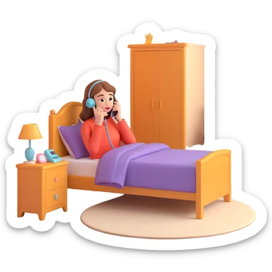 girl talking on phone bedroom background, close up pose sticker
